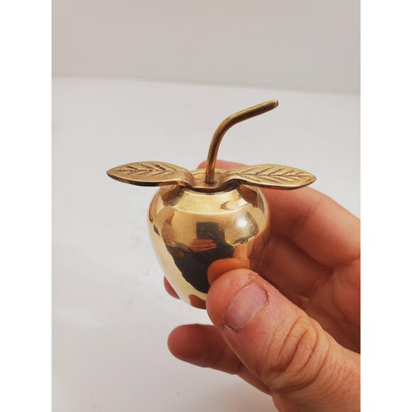 Small Vintage Brass Apple with Stem and Leaf - Picture 5 of 10